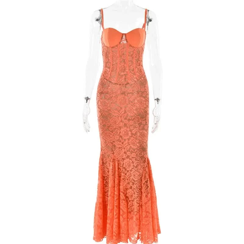 Mozision Floral Lace Sexy Maxi Dress For Women Orange Spaghetti Strap Sleeveless Backless Bodycon Club Party Long Dress Elegant - M & M Global