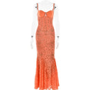 Mozision Floral Lace Sexy Maxi Dress For Women Orange Spaghetti Strap Sleeveless Backless Bodycon Club Party Long Dress Elegant - M & M Global