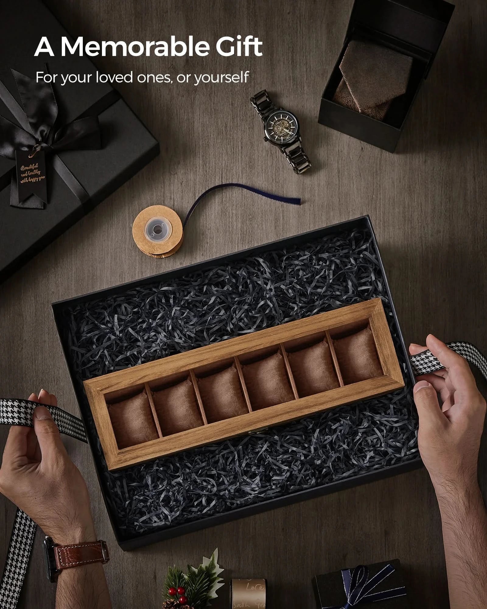 SONGMICS Watch Box, 6-Slot Watch Case, Solid Wood Watch Box Organizer with Glass Lid, Watch Display Case with Removable Pillows - M & M Global