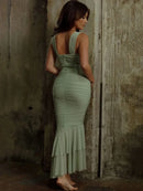 Mozision Hollow Out Backless Ruched Maxi Dress For Women Robe Elegant Spaghetti Strap Sleeveless Bodycon Party Long Dress - M & M Global
