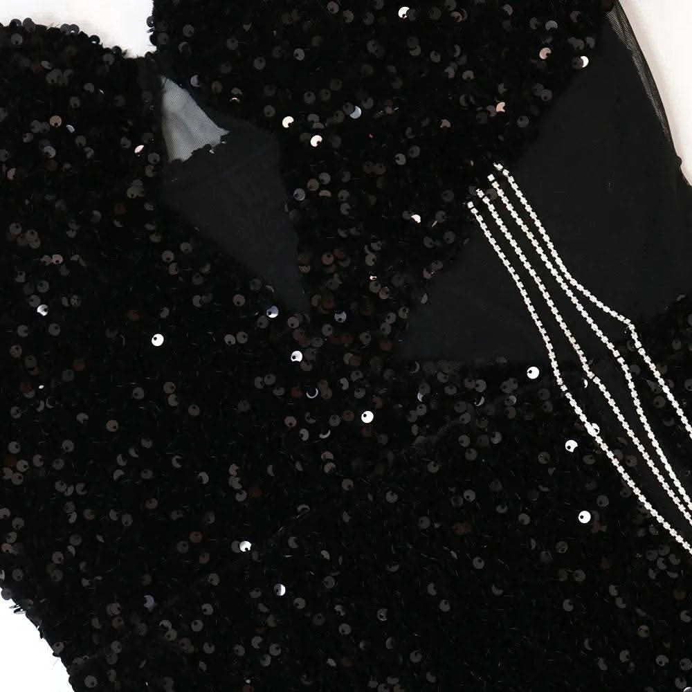 CM.YAYA Women Sequined Tassel Front Spaghetti Strap Sleeveless High Side Slit Maxi Long Dress 2023 Evening Sexy Party Dresses - M & M Global