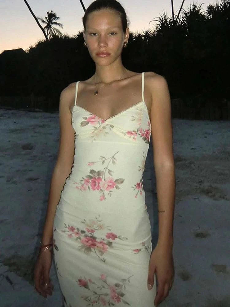 Dulzura Floral Print Strap Midi Dress For Women Bodycon Sexy Party Clothes 2024 Summer Long Dress Y2K Clothes Evening Holiday - M & M Global