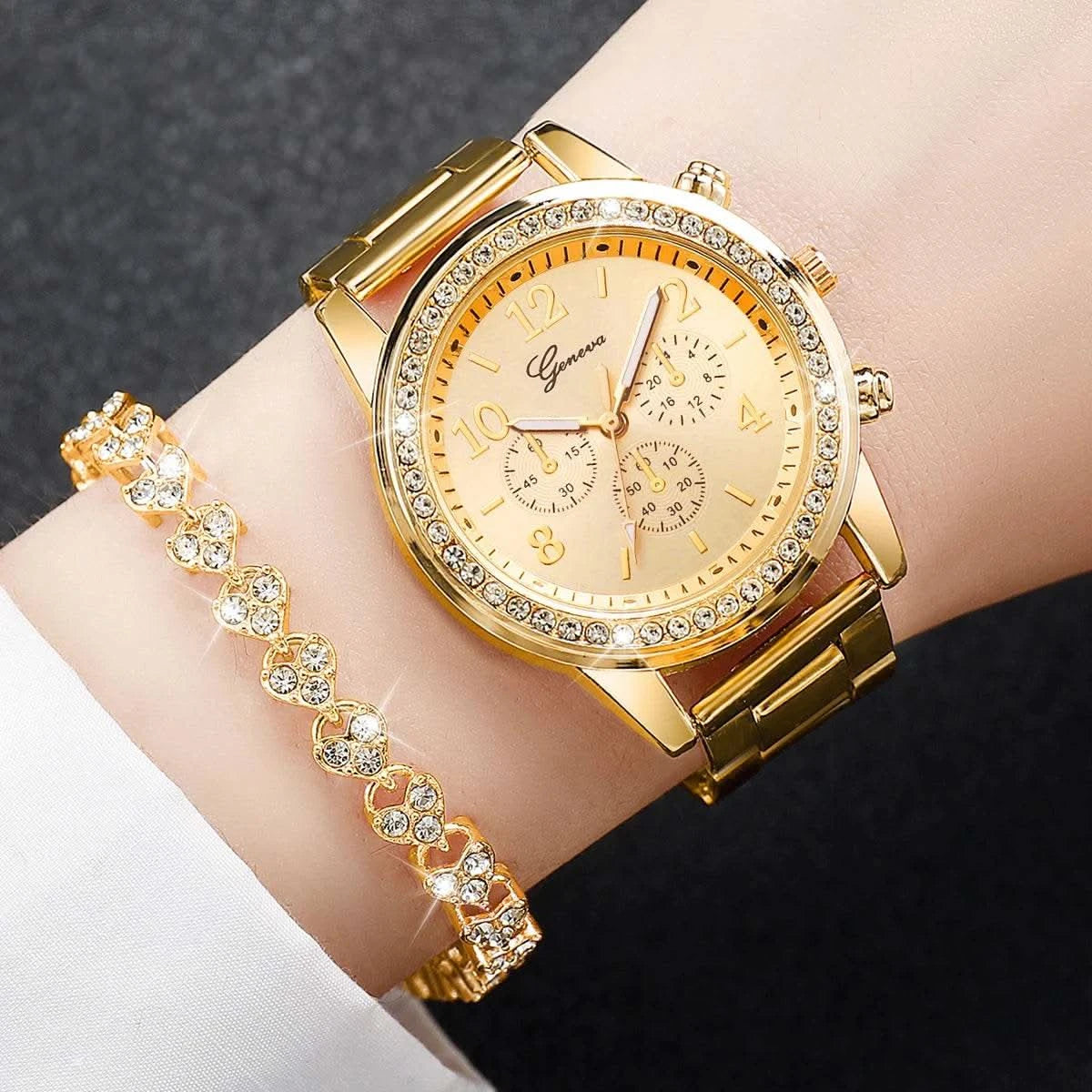 2PCS Women's Watch Fashion Rhinestone Ladies Analog Quartz Watches Bracelet Set Reloj Mujer Girls Clock Gift - M & M Global