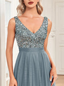 Elegant Women Sleeveless Sequins Floor Length Formal Evening Dresses Luxury V-neck Wedding Party Cocktail Gowns
