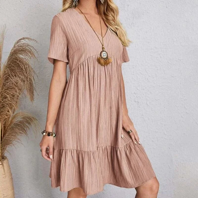 2025 Loose V-neck Short Sleeved Pleated Women Dress Solid Color A-line Beach Dresses Elegant Simple Comfortable Woman Clothing - M & M Global