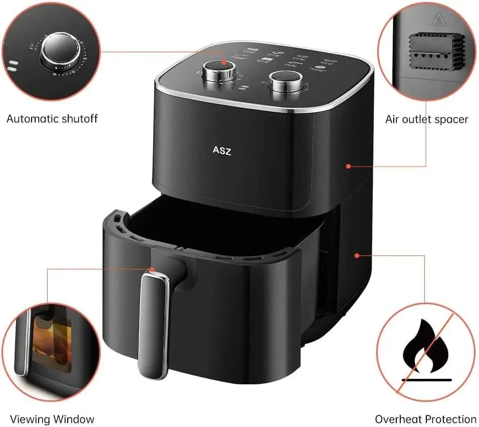 5qt Air Fryer Compact Knob Black for dorm office - 4.7L Airfryer with Window 1400W Visual Basket - Non-Stick Pan, Manuel Control - M & M Global