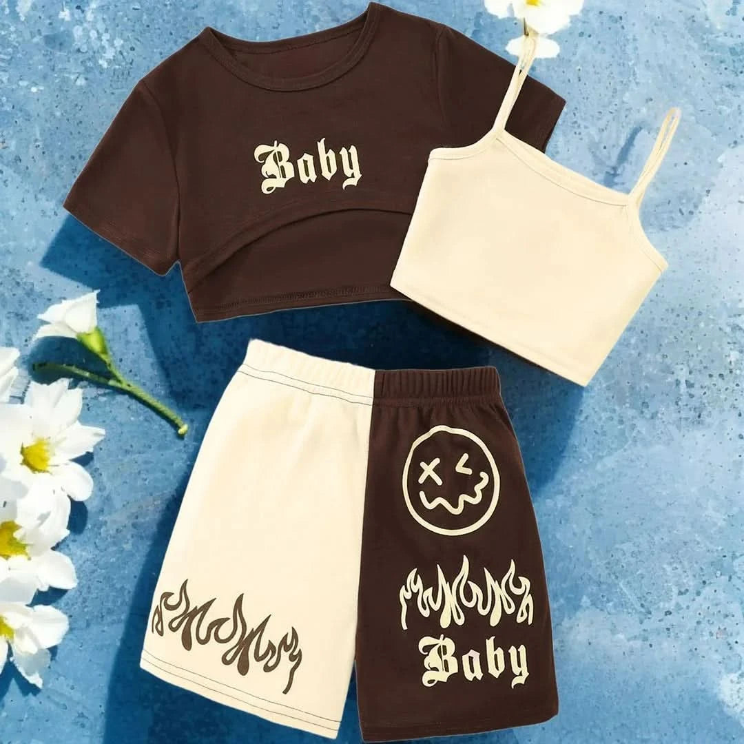New Kids Girls Clothing Set Summer Short Sleeve Fashion Three Piece Girls Suit Color Block Children Outfits Girls Clothes 8-12Y - M & M Global