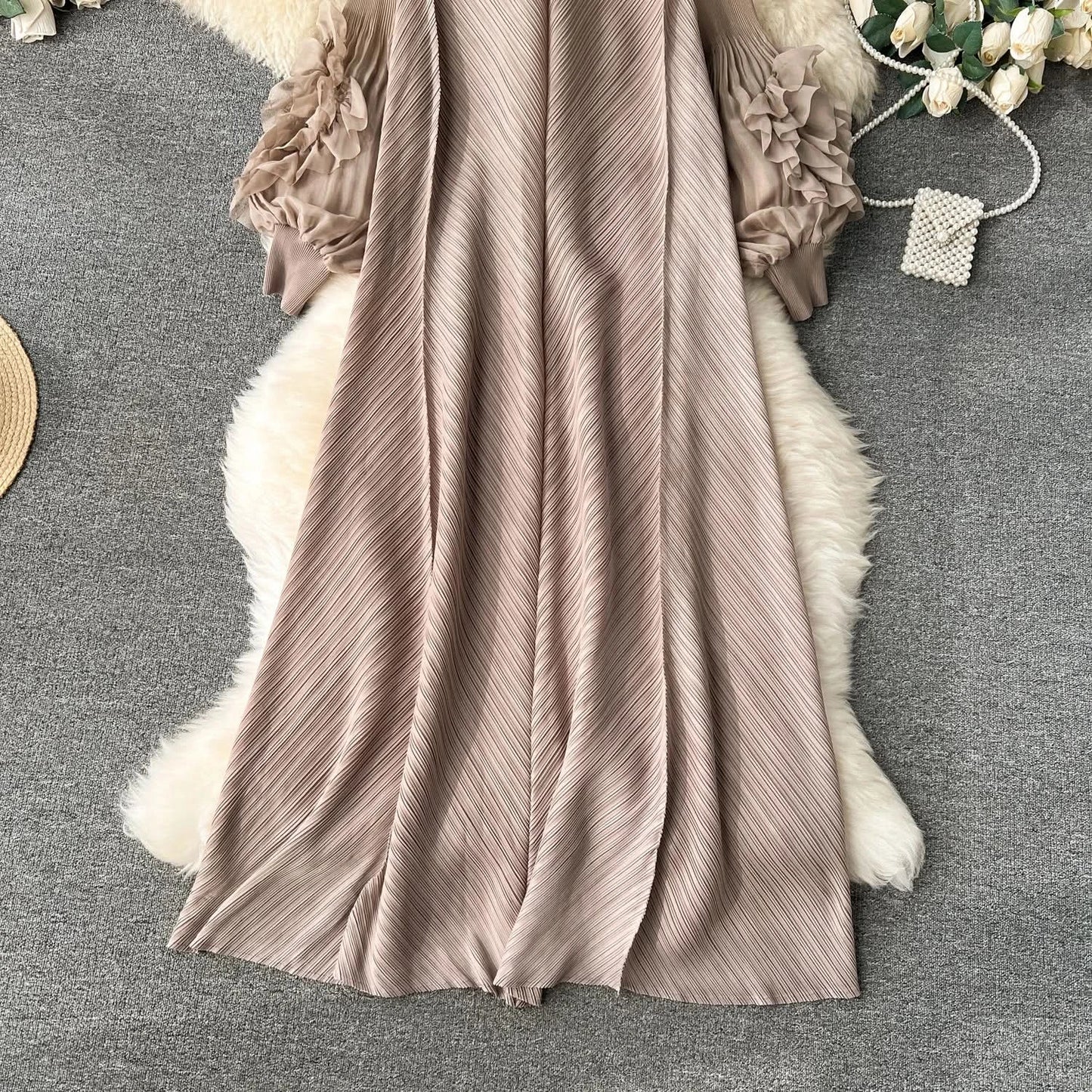 Sweet Pleated Vintage Three-dimensional Flower Loose Long Dress Chic Evening Korean Fashion Fashion Women Summer Dresses - M & M Global