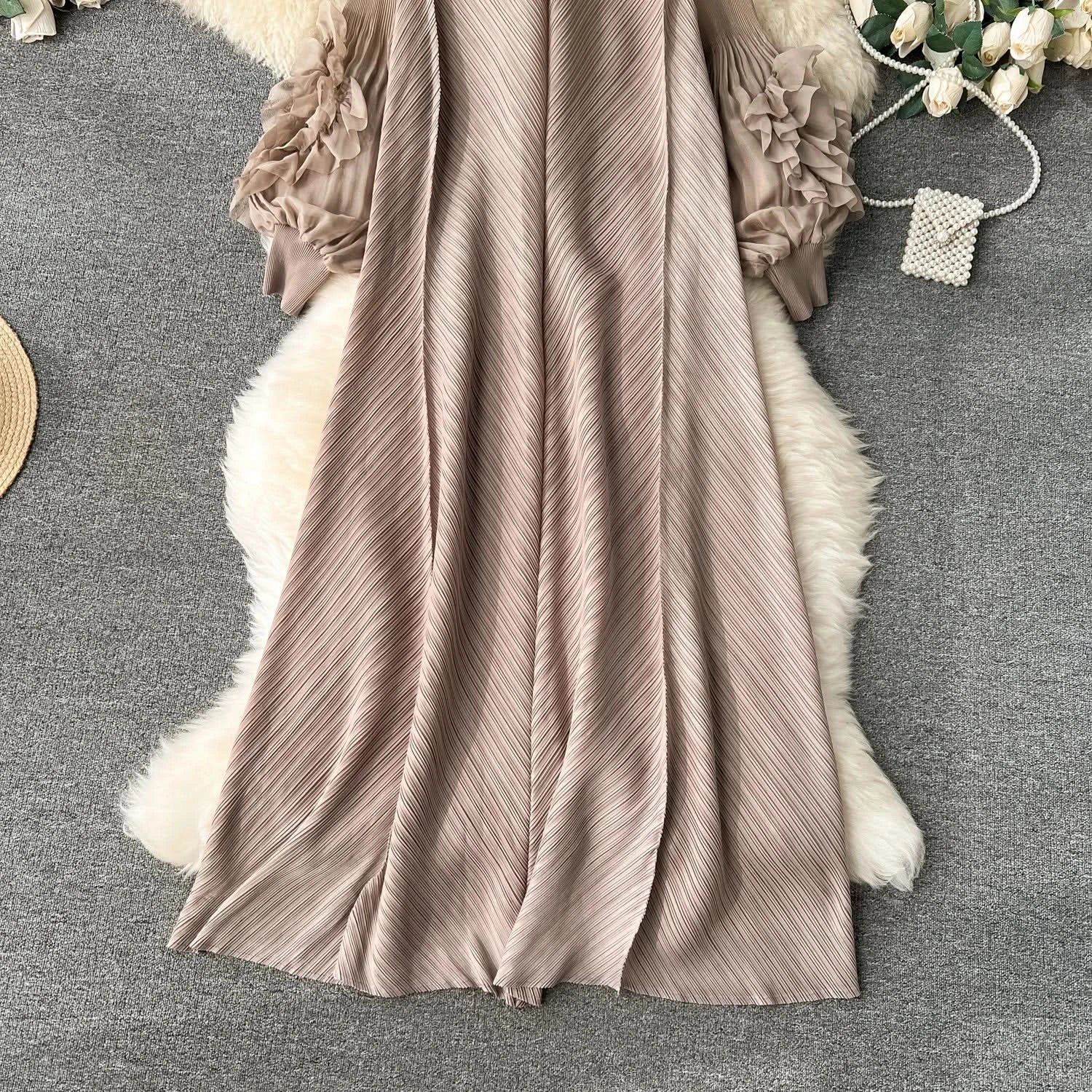 Sweet Pleated Vintage Three-dimensional Flower Loose Long Dress Chic Evening Korean Fashion Fashion Women Summer Dresses - M & M Global