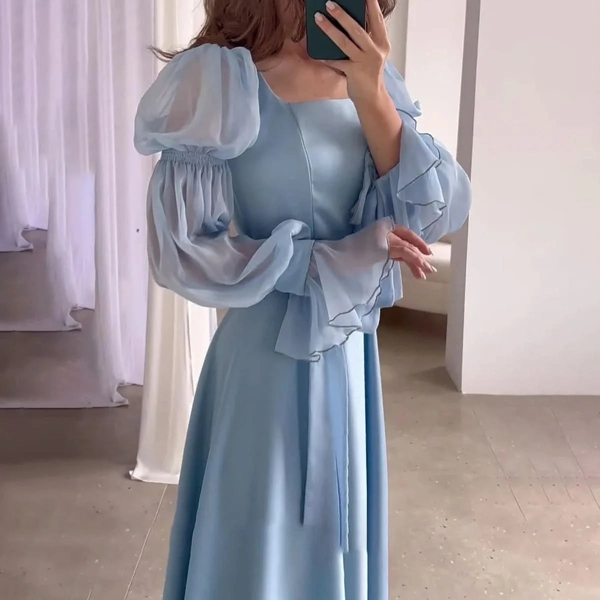 Eid Muslim Party Dress Women Sweet Puff Sleeve Long Dress Square Collar Vestidos Largo Ramadan Abayas Dubai Arab Long Robe 2024 - M & M Global