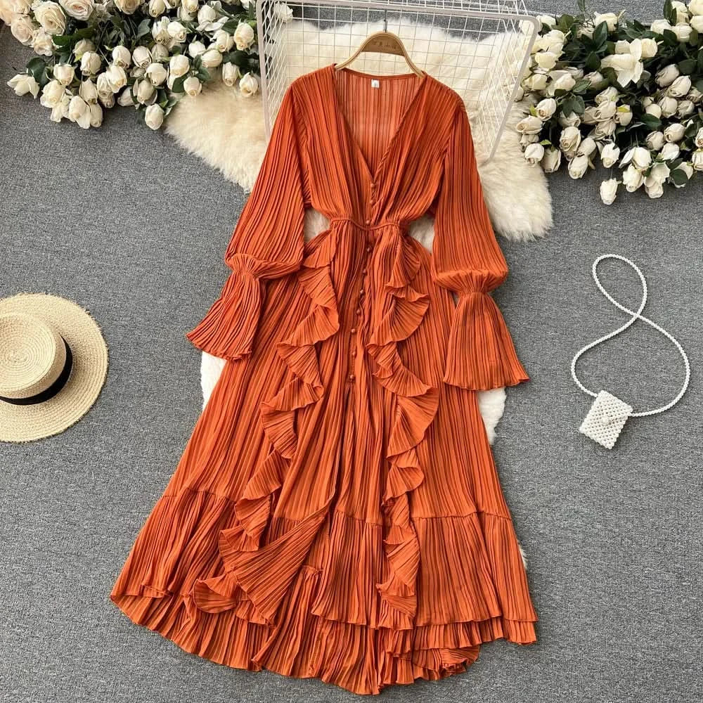 Purple/Brown/Red Chiffon Pleated Long Dress Women Vintage V-Neck Flare Sleeve Draped Ruffle Vestido Female Maxi Robe Spring Fall - M & M Global