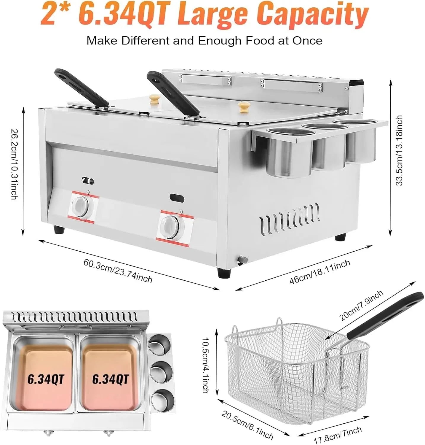 Commercial Gas Deep Fryer, 12L Stainless Steel Countertop Oil Fryer Dual Tank Kitchen Fat Fryer with Removable Baskets & Seasoni - M & M Global