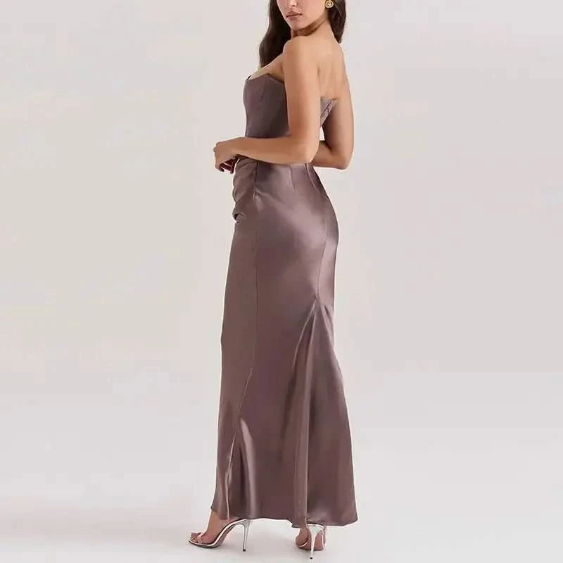 Sexy Strapless Patchwork Long Dress Women Slim Sleeveless Pleated Mermaid Dresses 2025 Spring Summer Lady Evening Solid Robe - M & M Global