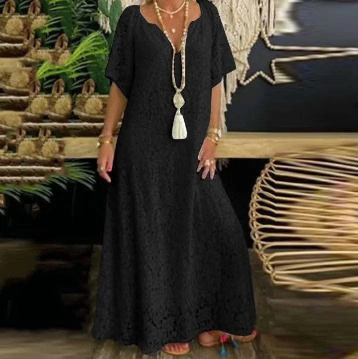 2025 Spring Lace Women Long Dress White V-neck A-line Elegant Dresses Female Summer New Fashion Casual Beach Cloths Ladies - M & M Global
