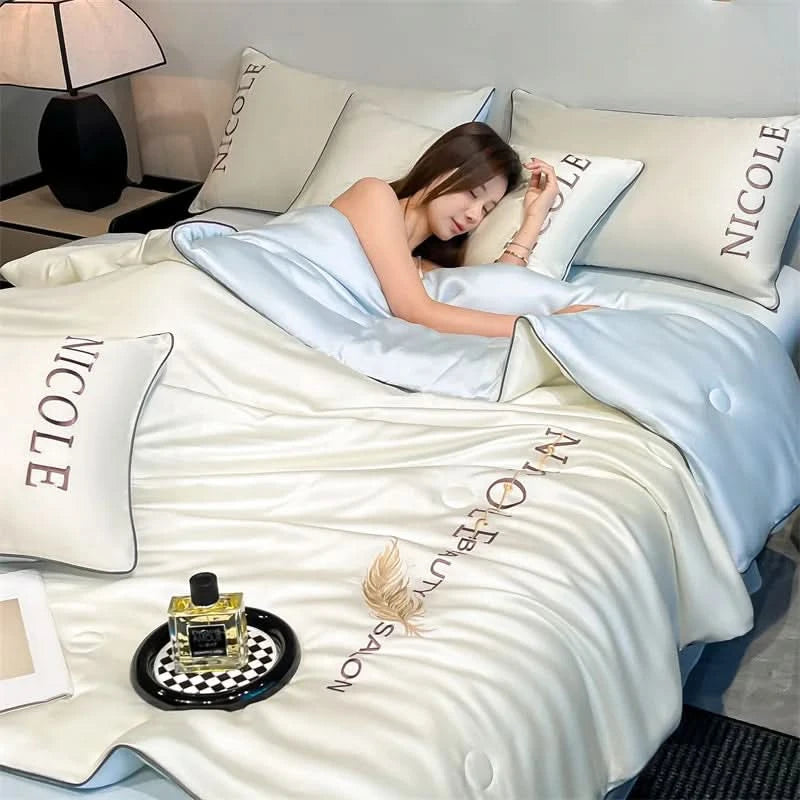 Simple Solid Color Embroidery Washed Ice Silk Single Summer Quilt - M & M Global