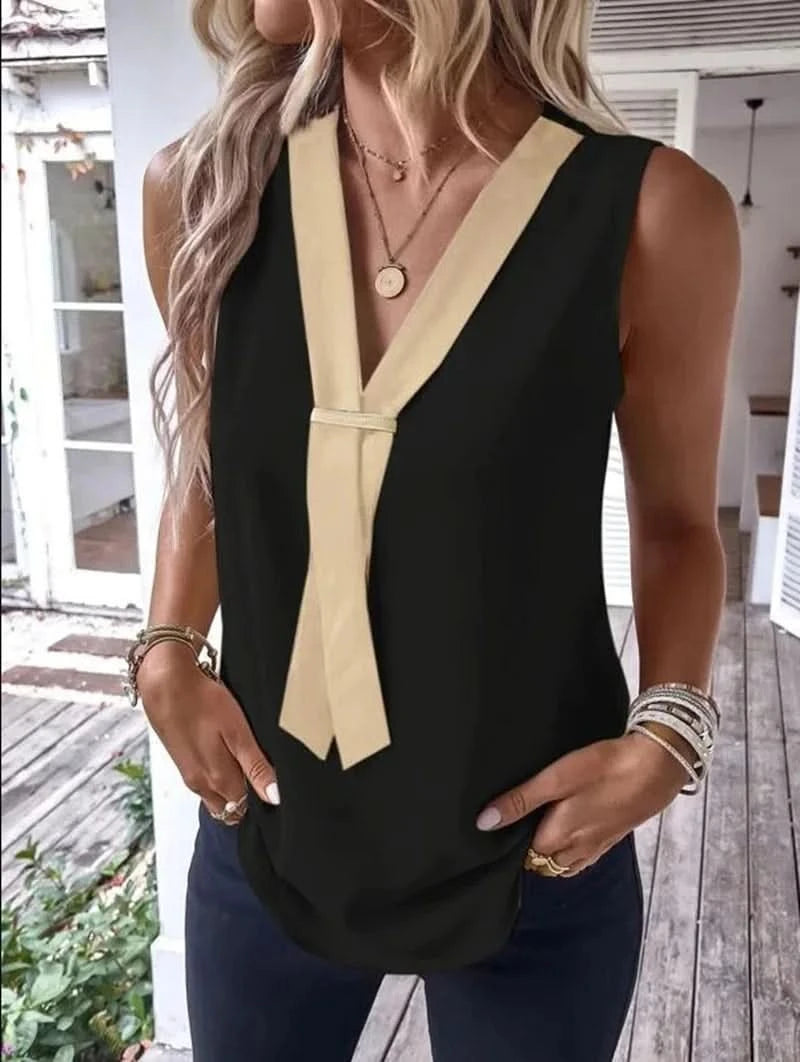 Elegant Women's Blouse Tees 2023 Summer Fashionable Style V-Neck Panel Sleeveless Top Lady Shirt S-XXXL - M & M Global