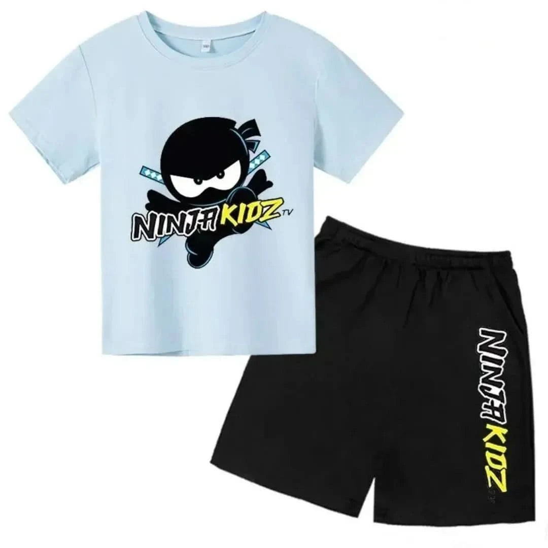 2025 Summer Short sleeved Round neck T-shirt+Shorts Set Ninja Children's Printed Boys and Girls' Cotton Breathable Children's Ca - M & M Global