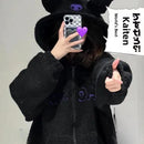 Thickened Loose Hooded Sweatshirt in Black with Embroidery Lambskin Imitation for Autumn And Winter Trendy Streetwear for Girls