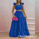 Dress Set Two-piece Women's Clothing Solid Color Sexy Suspender Large Swing Skirt Short Sleeved Square Neck Top Summer Outfits - M & M Global