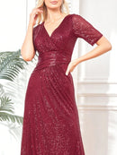 Luxury Floor Length V-Neck Evening Dresses Women Elegant Wedding Party Sequins Short Sleeves Prom Floor-Lenght Cocktail Gowns
