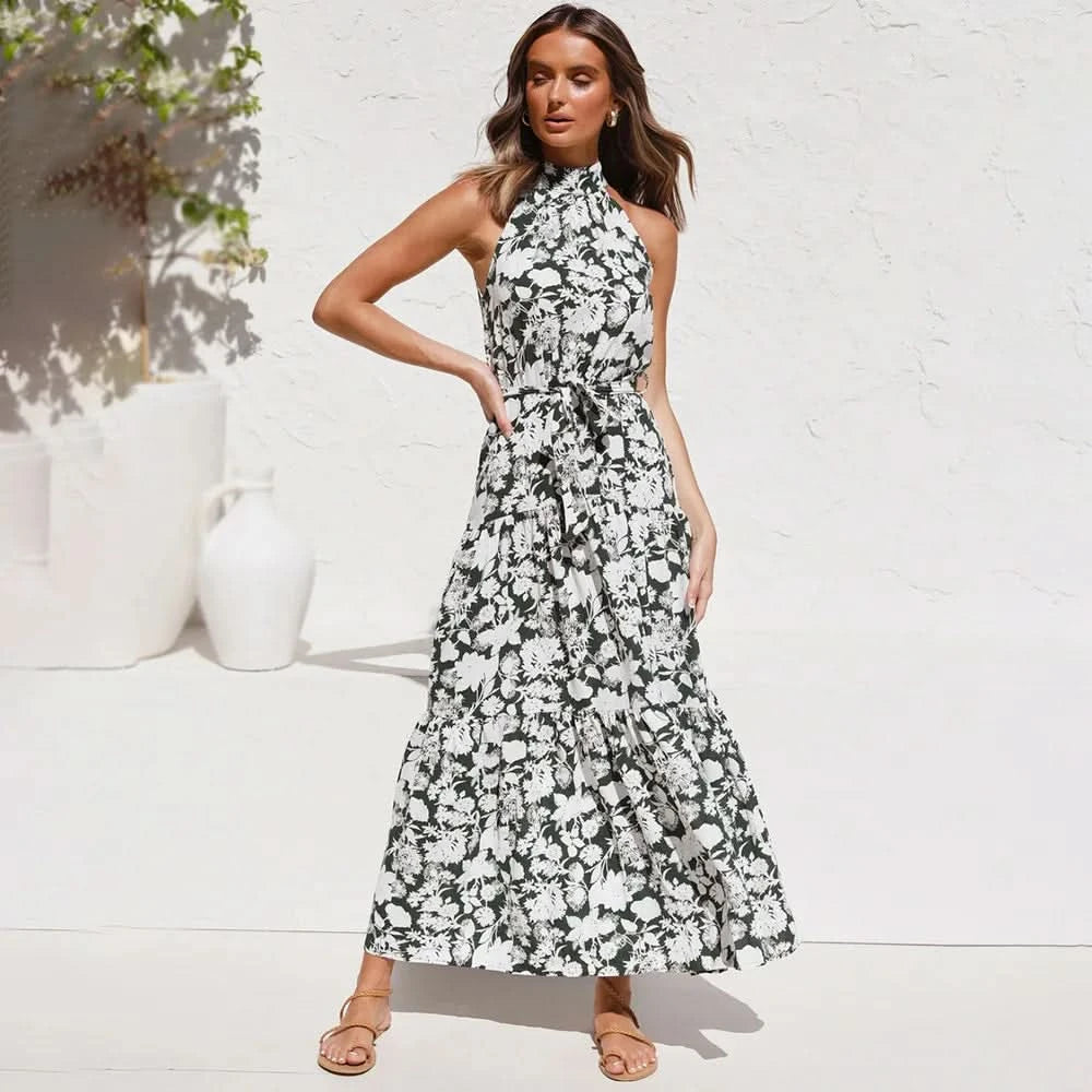 Summer Floral Print Halter Neck Dresses For Women Sleeveless Leace-up Long Dress Casual Beach Holiday Vestidos Female Clothing - M & M Global