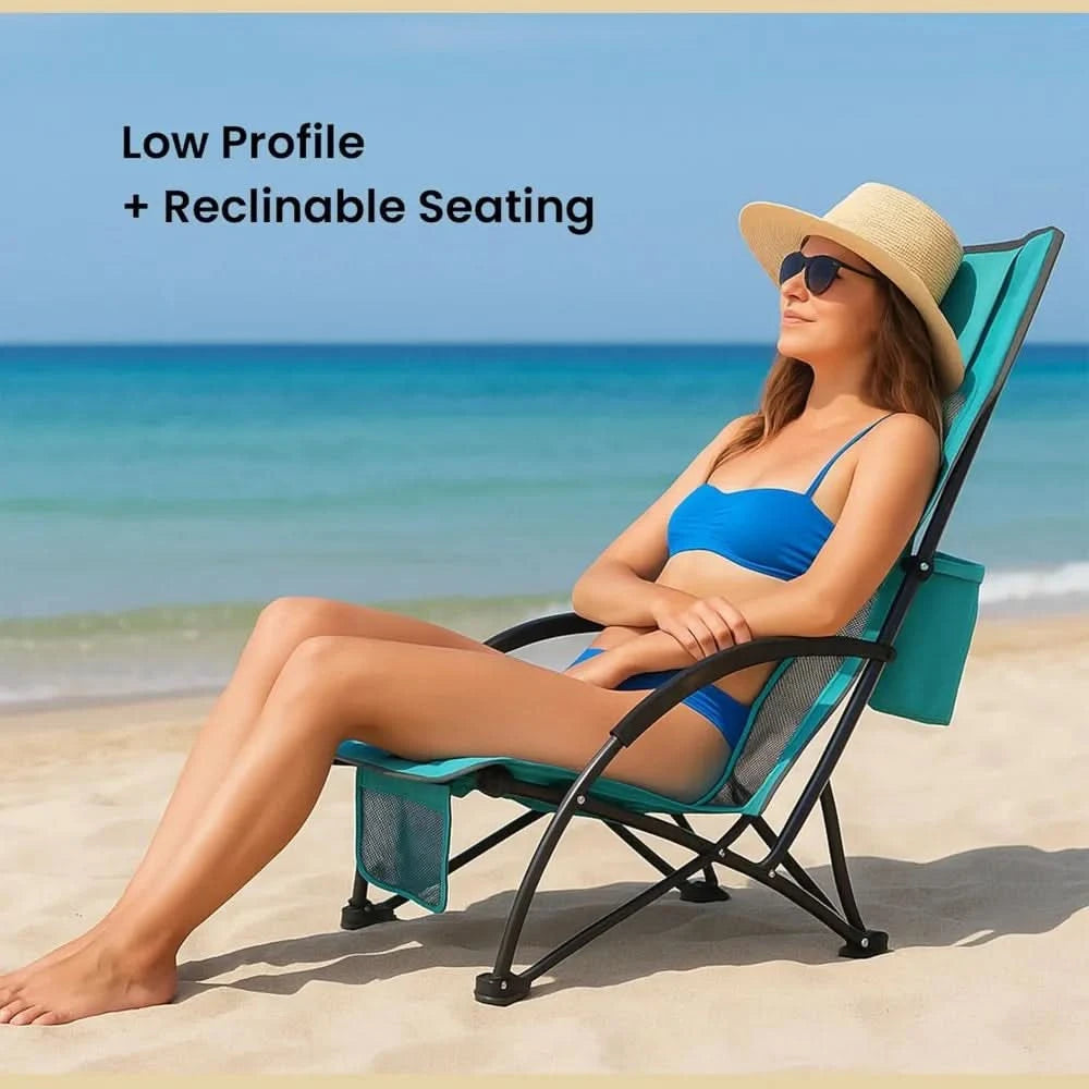 2-Pack Low Seating + 20° Reclining Folding Beach Chair w/Padded Headrest, Foam Armrest, Cup Holder, Carry Bag, 300 LBS Weight C