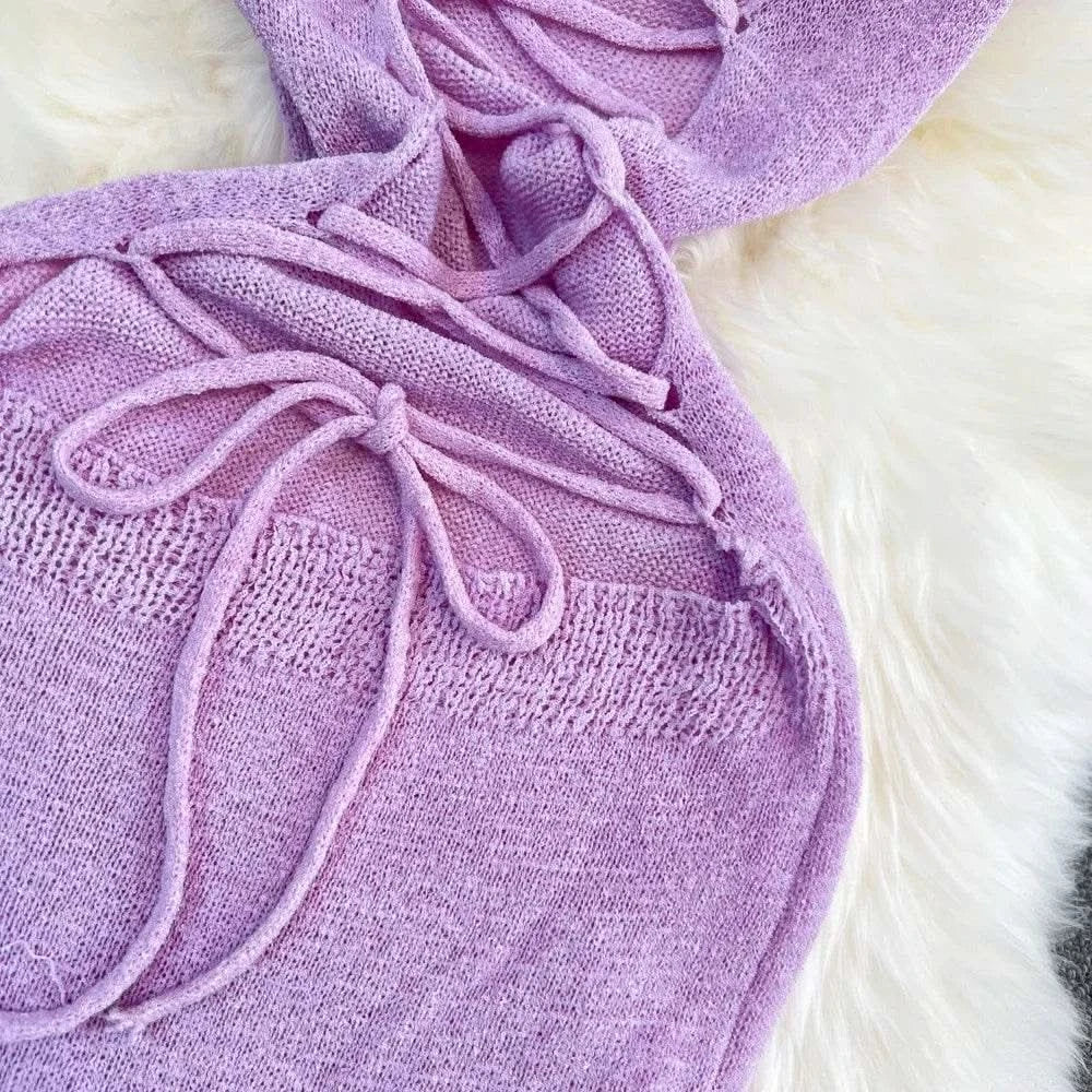 Blue/purple Summer Knit Sexy Strap Dress Women Tank Elatic Waist Bodycon Sundress Female Beach Split Backless Maxi Long Dress - M & M Global