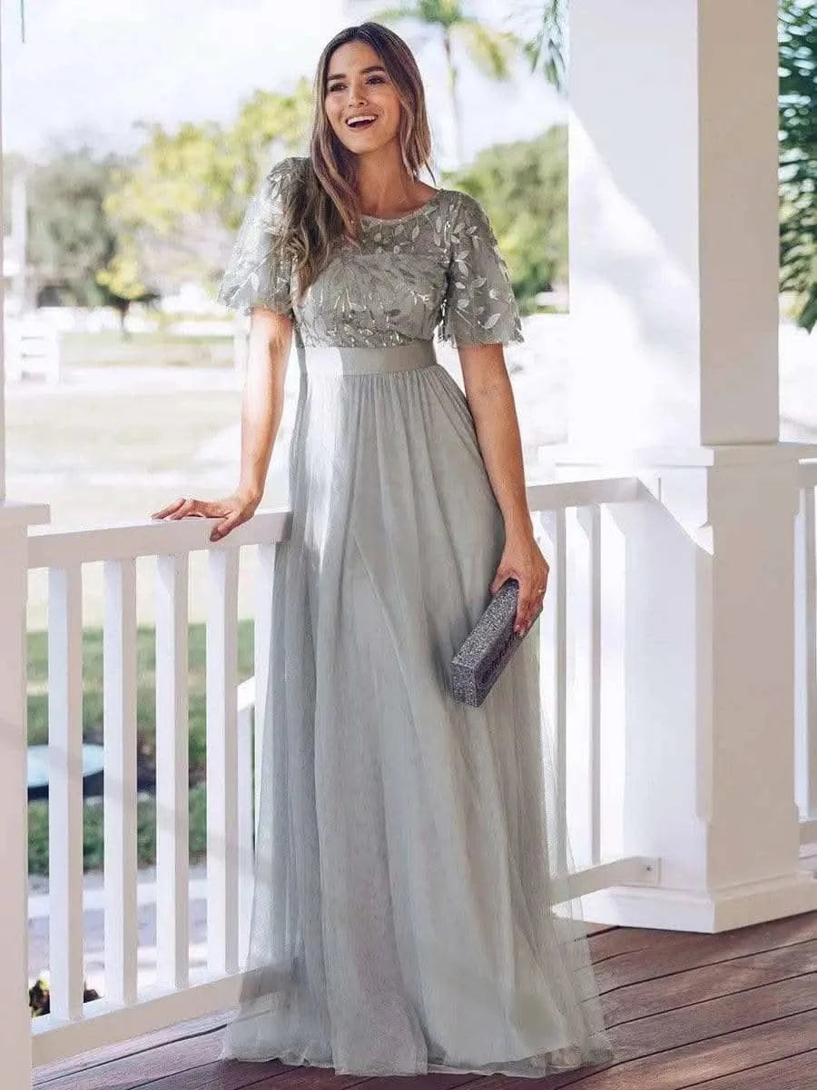 2023 New Women's Burgundy A-Line Sequin Mesh Leaf Maxi Prom Dress Sparkle Evening Dresses O-Neck Short Sleeve Long Dress - M & M Global