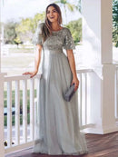 2023 New Women's Burgundy A-Line Sequin Mesh Leaf Maxi Prom Dress Sparkle Evening Dresses O-Neck Short Sleeve Long Dress - M & M Global