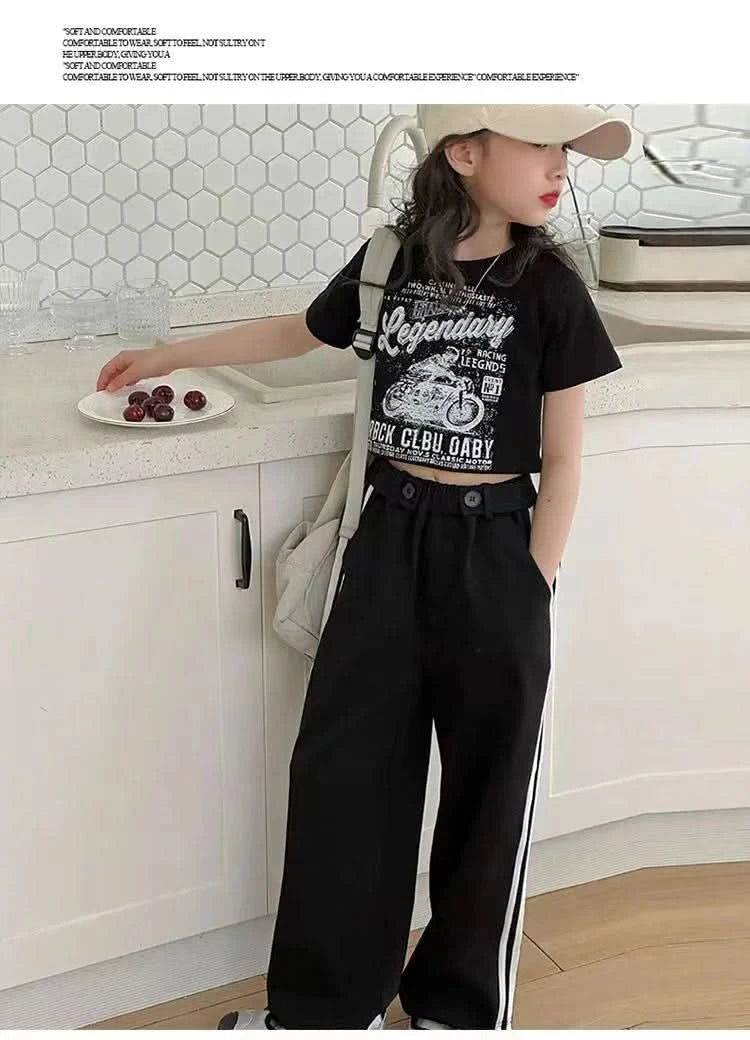 Girls' summer casual suit, new children's fashionable T-shirt, casual pants, summer dress, foreign short-sleeved two-piece set, - M & M Global