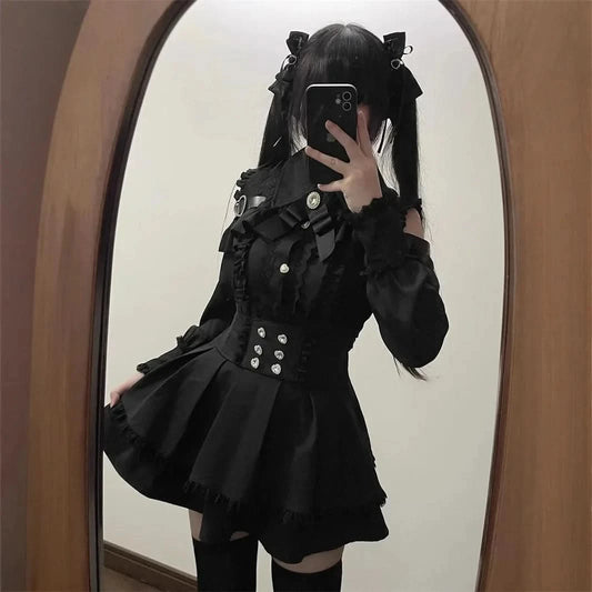 Sweet Heart Dull Black Women's 3-Piece Set Trendy Off-The-Shoulder High-Waisted Half Skirt 2-Piece Suit Fashionable - M & M Global