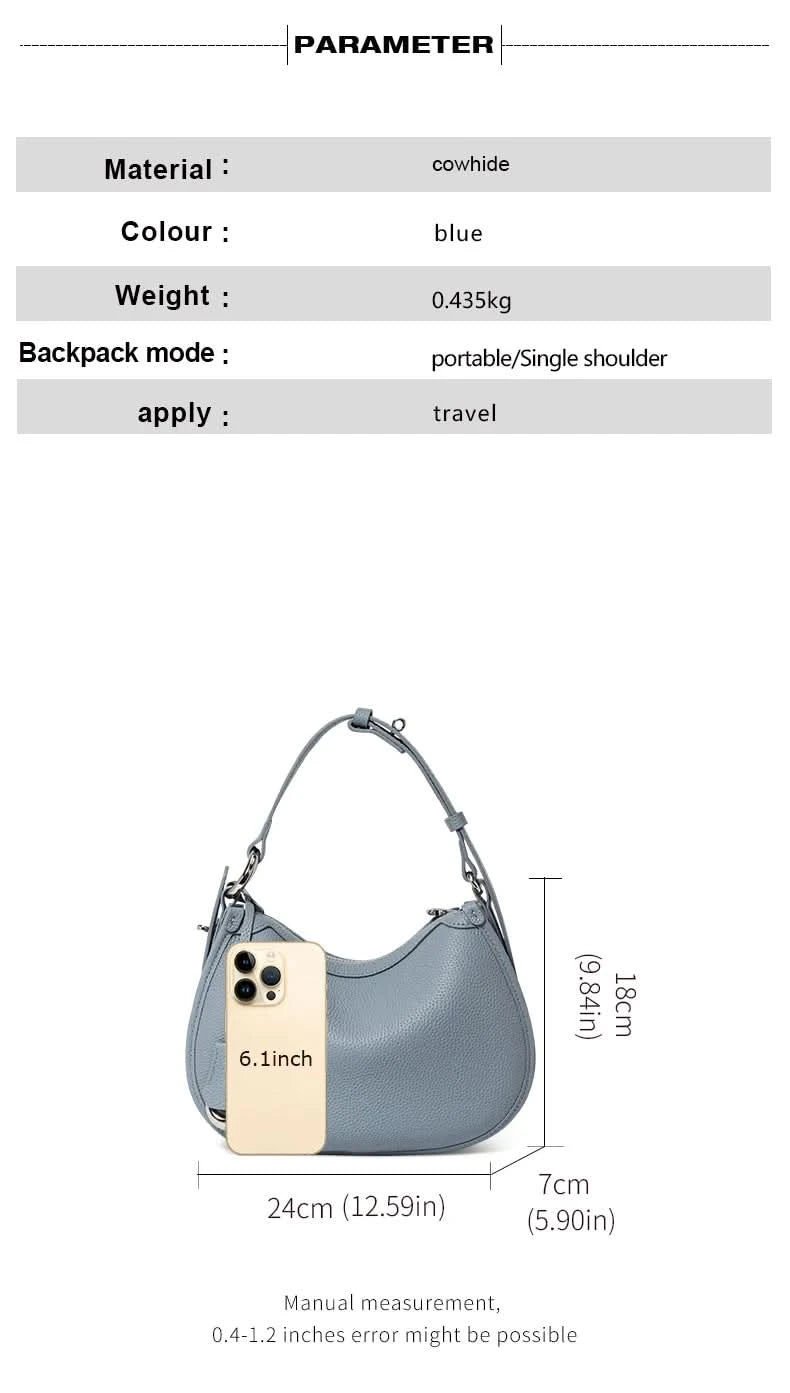 Top layer cowhide underarm shoulder bag 2025 new niche design minimalist blue fashionable soft leather saddle bag - M & M Global