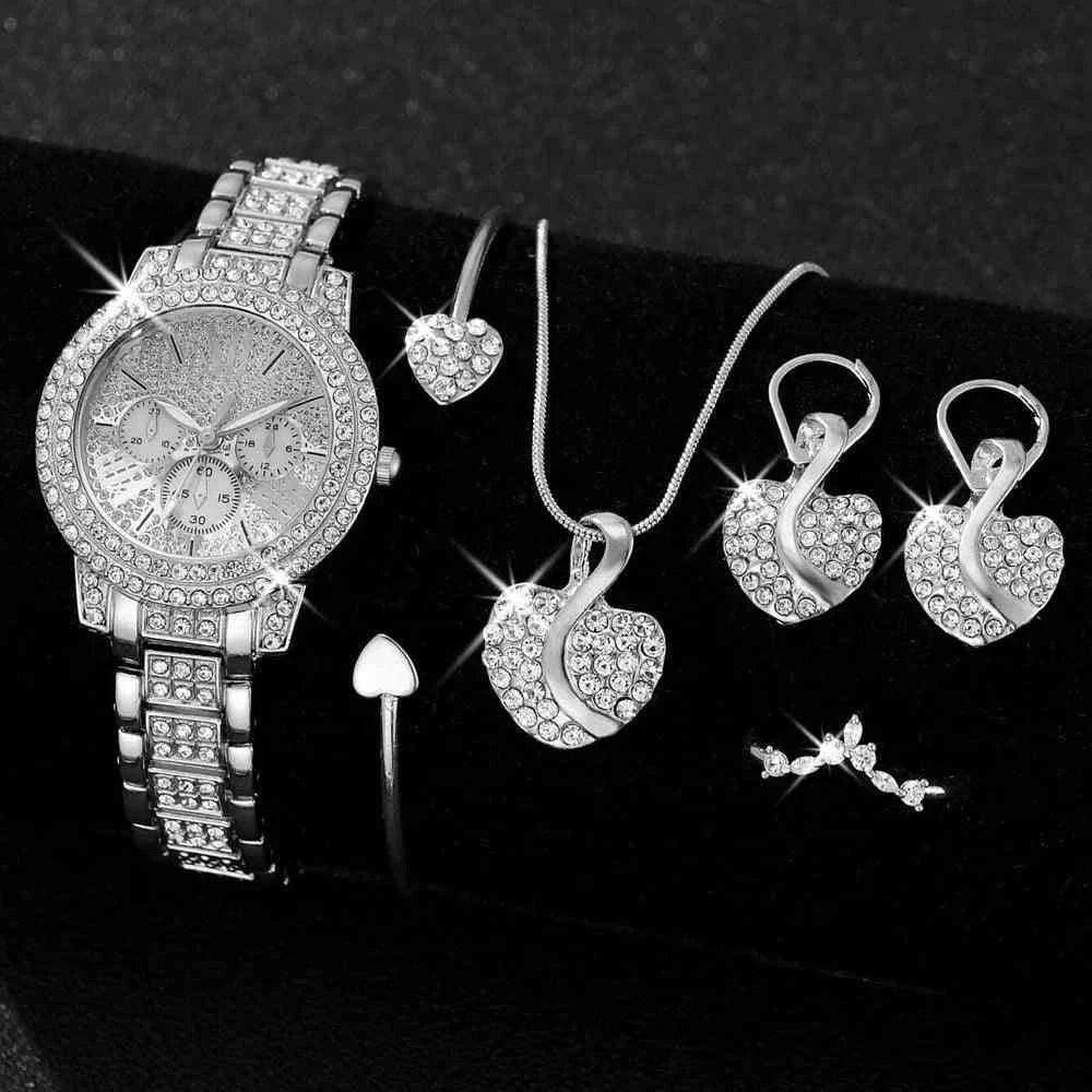 Women's Quartz Watch Gold Luxury Women Ring Necklace Earring Rhinestone Fashion Wristwatch Casual Ladies Watches Jewelry Set ﻿ - M & M Global