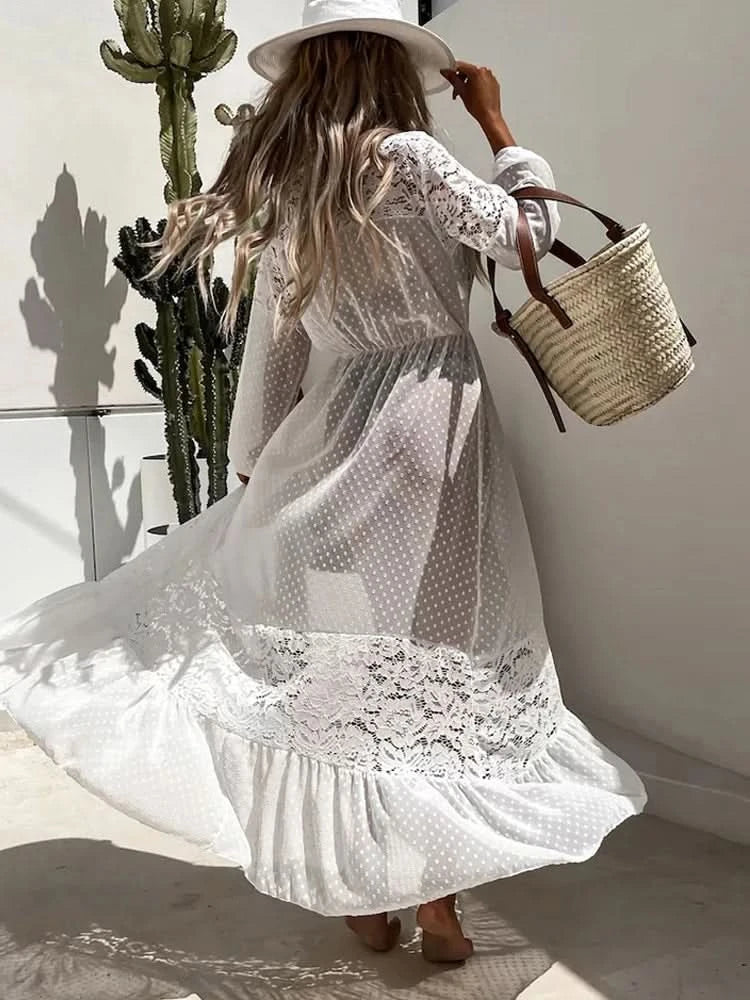 Summer Women Lace Patchwork Bikini Chiffon Beach Dress Cover Up Kimono Polka Dot Lace-up Cardigan Swimwear Long Sleeve Holiday - M & M Global