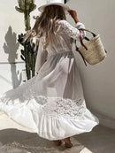 Summer Women Lace Patchwork Bikini Chiffon Beach Dress Cover Up Kimono Polka Dot Lace-up Cardigan Swimwear Long Sleeve Holiday - M & M Global