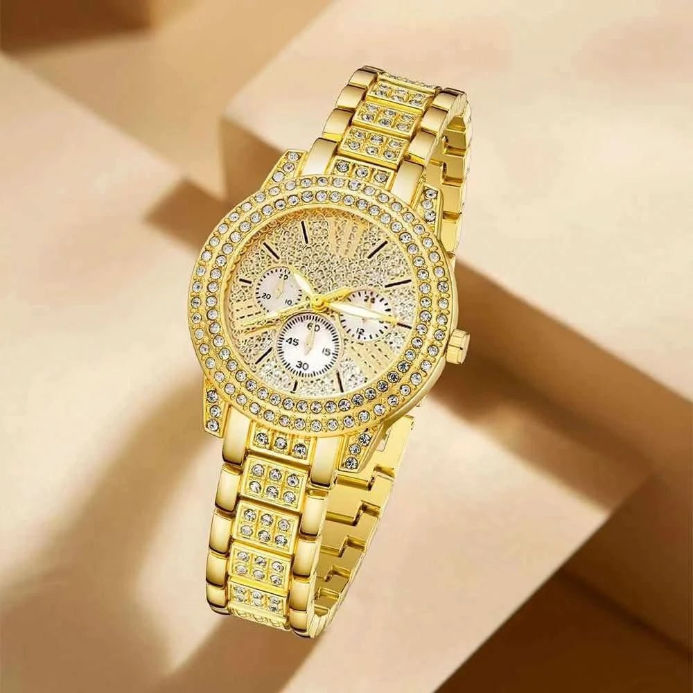 Women's Quartz Watch Gold Luxury Women Ring Necklace Earring Rhinestone Fashion Wristwatch Casual Ladies Watches Jewelry Set ﻿ - M & M Global