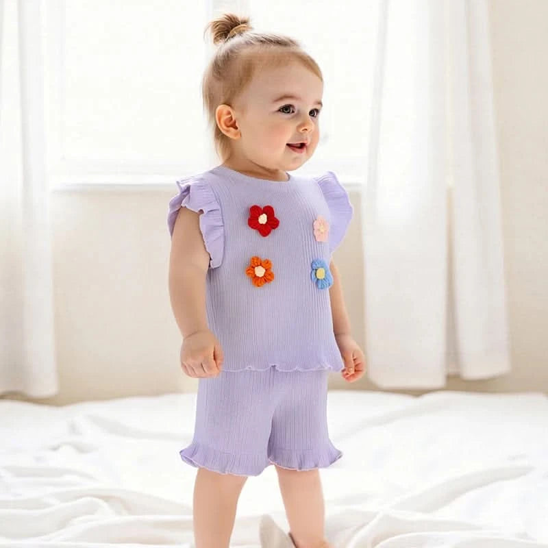 Girls Sleeveless Floral Tank Top and Shorts Set Summer 2-Piece Outfit with Crew Neck Cute Toddler Girls Clothing - M & M Global