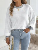 Autumn Winter Causal Round Neck Striped Sweaters Woman 2025 Lantern Long Sleeve Knitted Pullover White Red Khaki Women Clothes