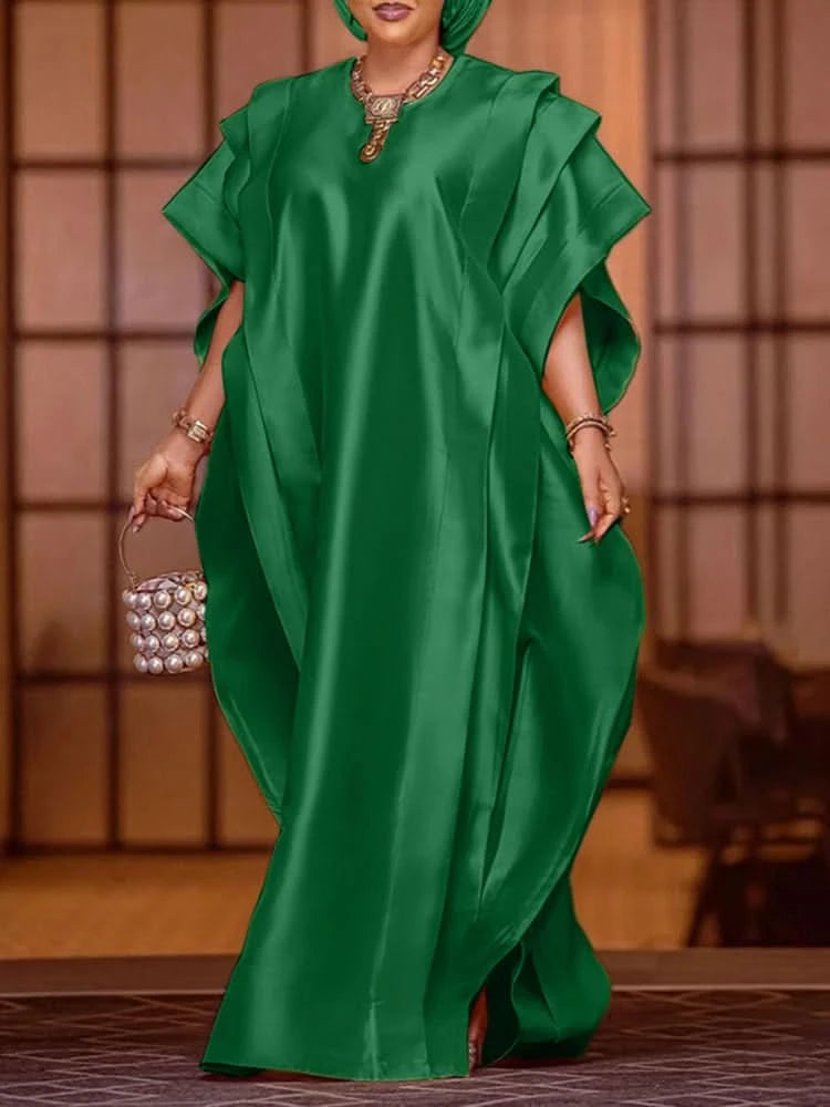 VONDA Plus Size 5XL Elegant Maxi Long Dress 2024 Fashion Satin Dress Sexy Printed Patchwork Bat-wing Sleeve Vestidos Ruffle Robe - M & M Global
