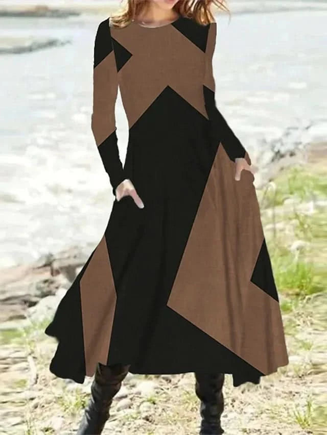 Long Dress Casual Eid Style Retro Autumn and Winter Long Sleeved Oversized Swing Maxi Dresses Patchwork Streetwear Vestidos - M & M Global
