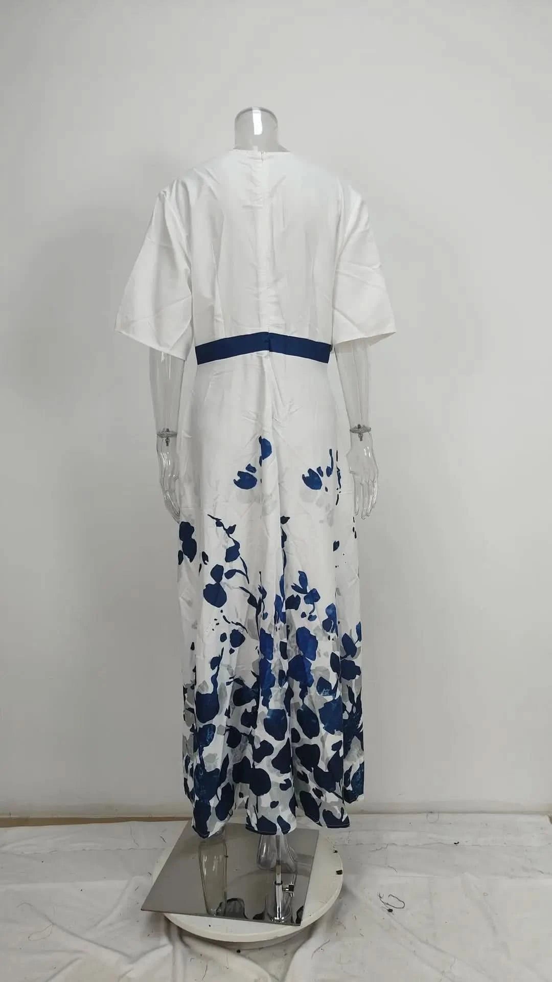 Spring Summer Women Fashion V Neck Belted Party Long Dress Sexy Printing  Boho Maxi Dresses Short Sleeve Pocket Femlae Holiday - M & M Global