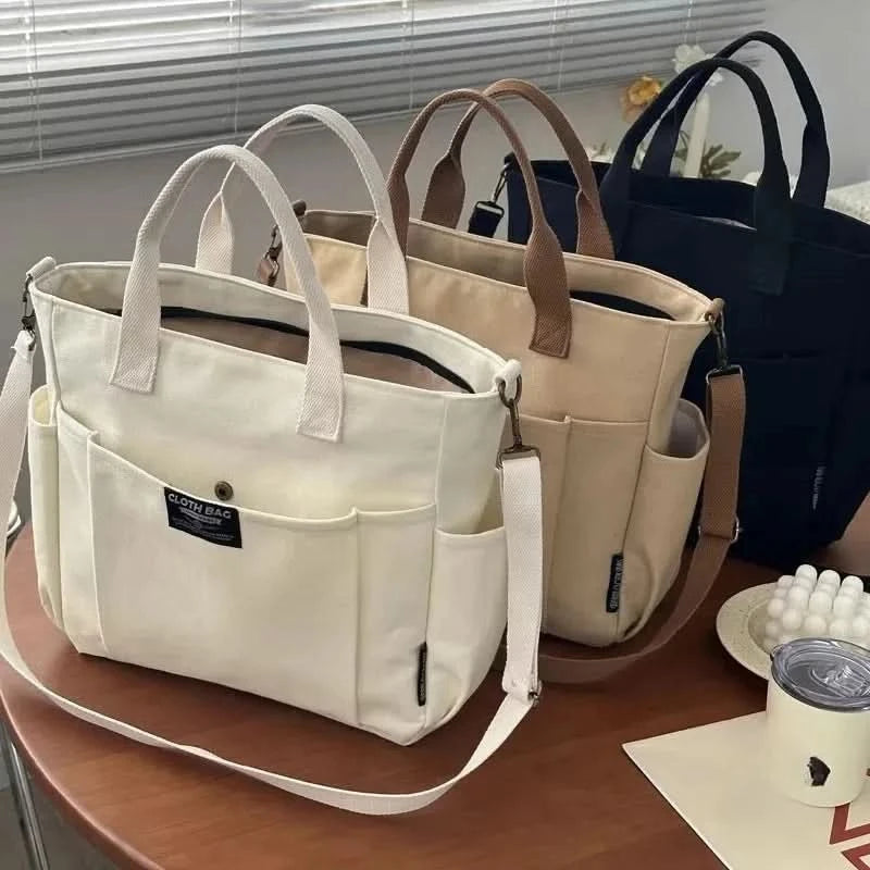 Urban Minimalist Female Student Large Capacity Commuting Horizontal Canvas Single Shoulder Diagonal Cross Portable Tote Bag - M & M Global