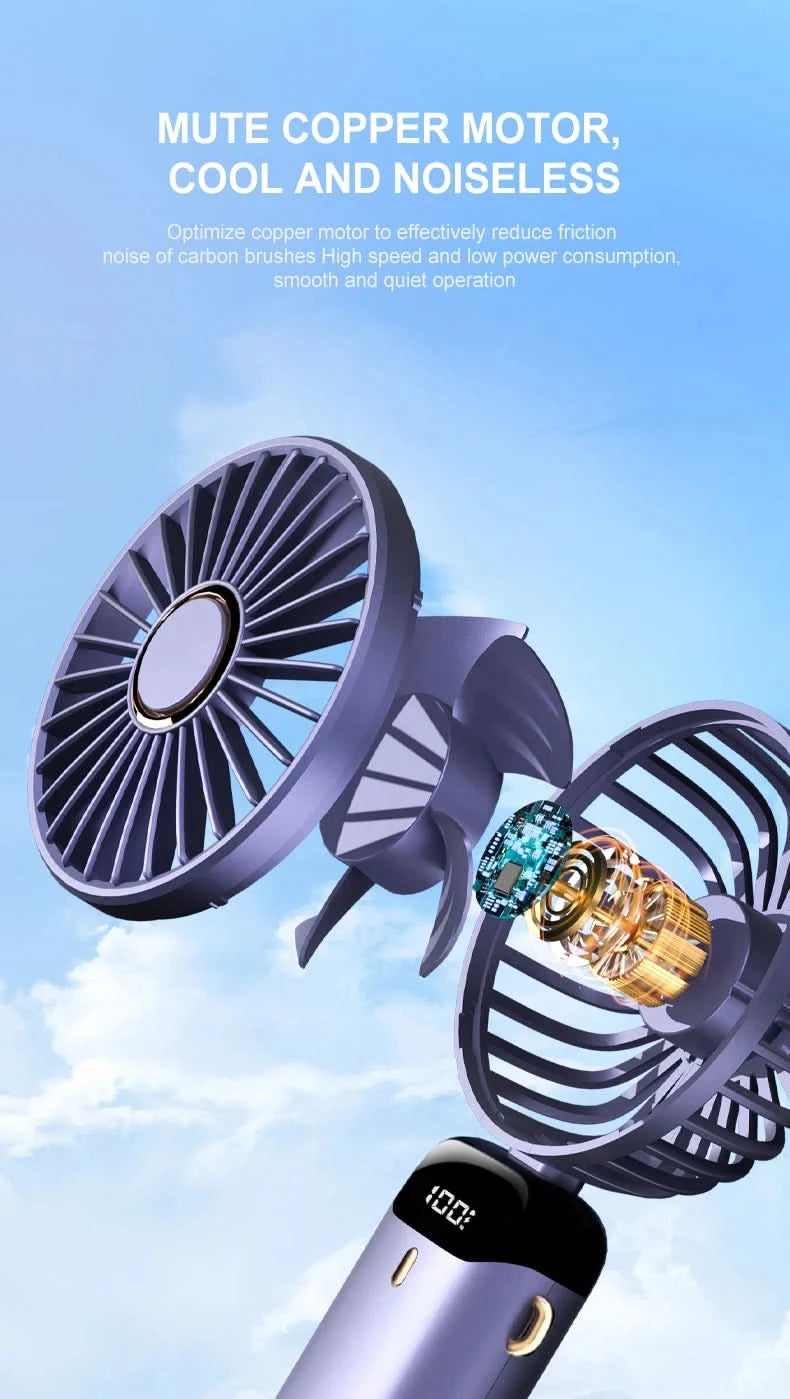USB Handheld Mini Fan Foldable Portable Neck Hanging Fans 5 Speed USB Rechargeable Fan with Phone Stand and Display Screen - M & M Global