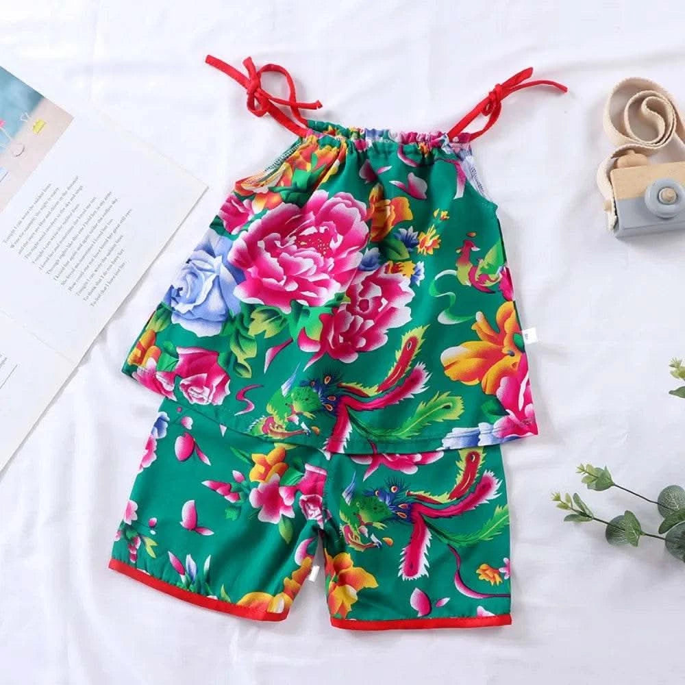 Bear Leader Summer Fashion New Baby Girl Clothes Flower Print Suspender Top+Shorts 2-piece Set Ethnic Style Children's Clothing - M & M Global