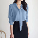 Female Elegant Shirt Women's Solid Color Long Sleeve Business Bow Ribbon Blouse Women Slimming Senior Sense Tunic Tops for Work - M & M Global