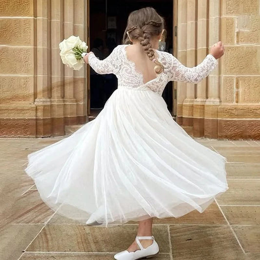 New Summer Elegant Flower Girl White Wedding Lace white girl long dress Sleeve Mesh Girl Princess Dress backless girls aged 8-12 - M & M Global