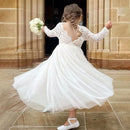 New Summer Elegant Flower Girl White Wedding Lace white girl long dress Sleeve Mesh Girl Princess Dress backless girls aged 8-12 - M & M Global