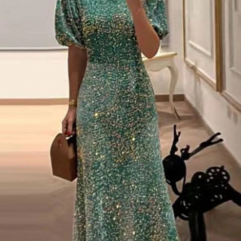 2024 New Lady Temperament Slim Banquet Dress Fashion Shiny Sequin Long Dress Casual O-neck Short Sleeved High Waist Dress Mujer - M & M Global