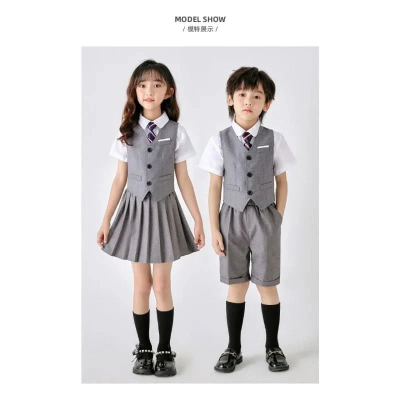 6PCS Summer Kids Weddding Suit Outfit Set Formal Elegant Suit for Kid Boy Kids Shirt Vest Shorts Socks Tie Sticker Clothing Suit - M & M Global