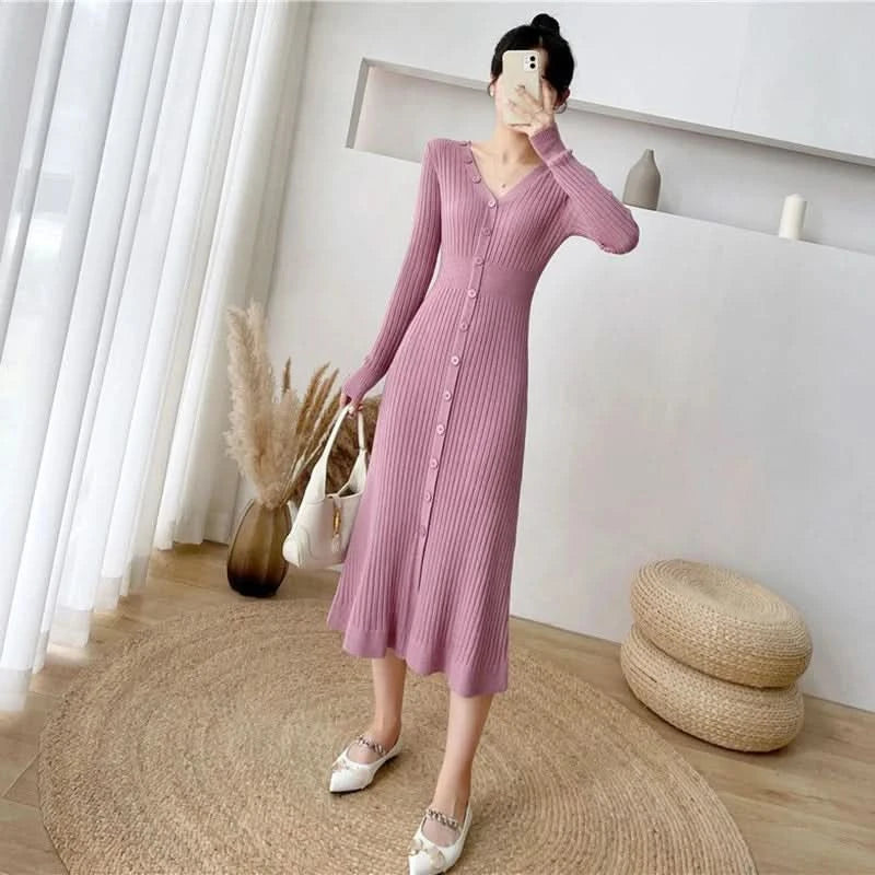 Lucyever Elegant Knitted Long Dress for Women Korean Chic Buttons Slim Fit Midi Dresses Female Streetwear V Neck Party Vestidos - M & M Global